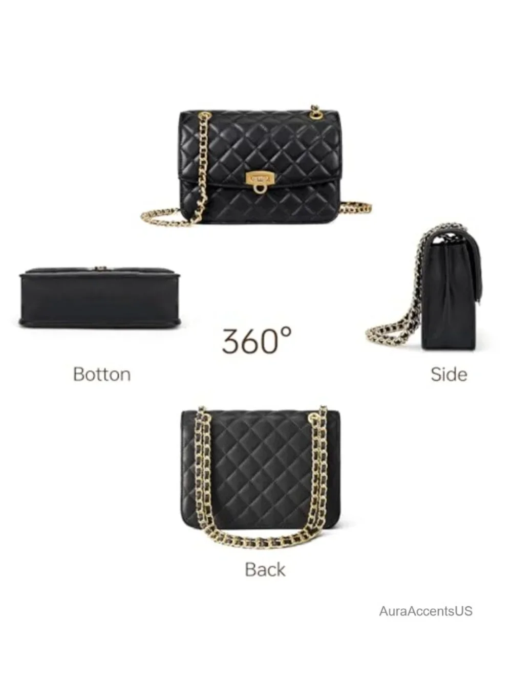 Quilted Vegan Leather Crossbody Bag with Gold Chain Shoulder Strap